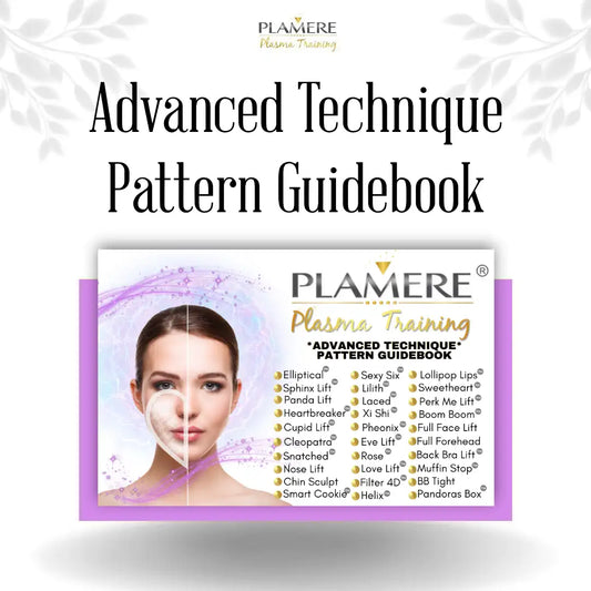 Promotional image for the 'Advanced Technique Pattern Guidebook' featuring the PLAMERE logo and an illustration of a female face indicating treatment areas on the face.