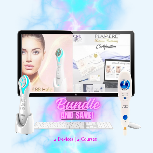 Promotional image featuring two devices and two certification badges related to skin care treatments. Devices are held by individuals, one is a pen-like device and the other has a handle with a blue and white design.