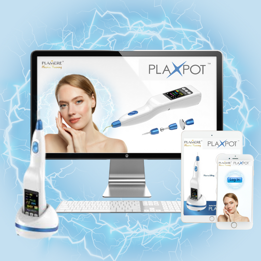 A digital product display featuring the Plamere Plasma Training course, including images of the Plaxpot plasma pen, a premium device for skin rejuvenation, and a free bonus LED face mask advertised during a flash sale.